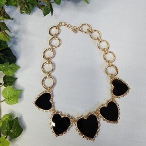 Gold Chain Necklace with Black Enamel Heart New